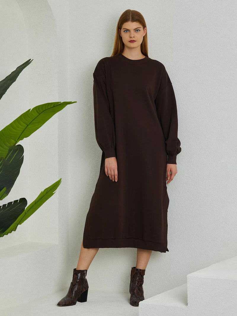 Brown Puff Sleeve Long Sweat Dress