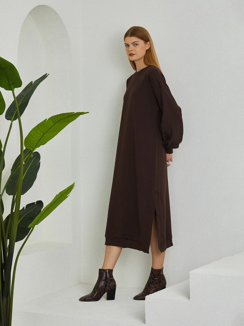 Brown Puff Sleeve Long Sweat Dress