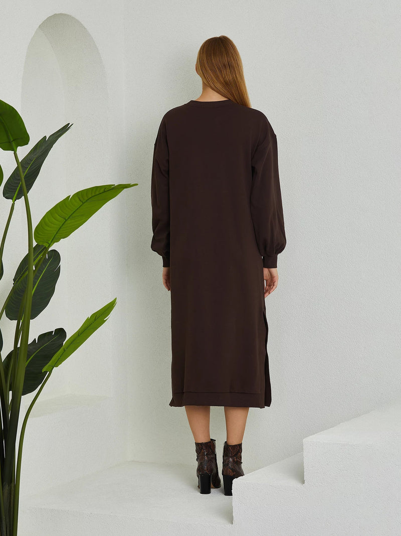 Brown Puff Sleeve Long Sweat Dress