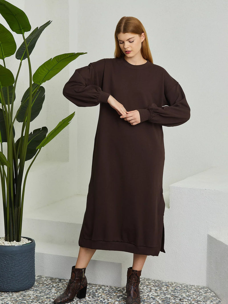 Brown Puff Sleeve Long Sweat Dress