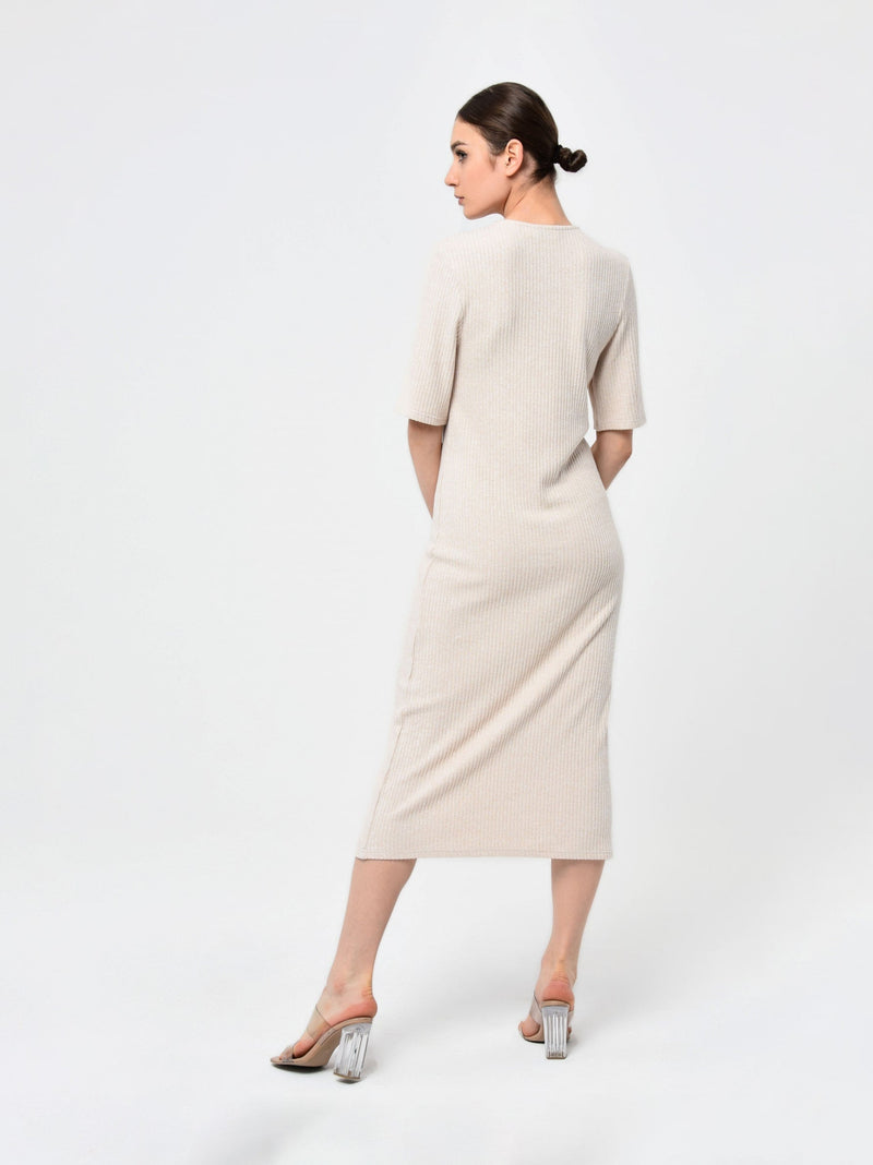 Beige Short Sleeve Buttoned Midi Dress