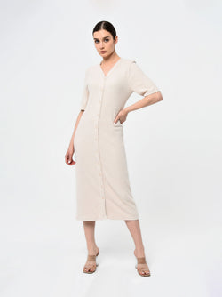 Beige Short Sleeve Buttoned Midi Dress