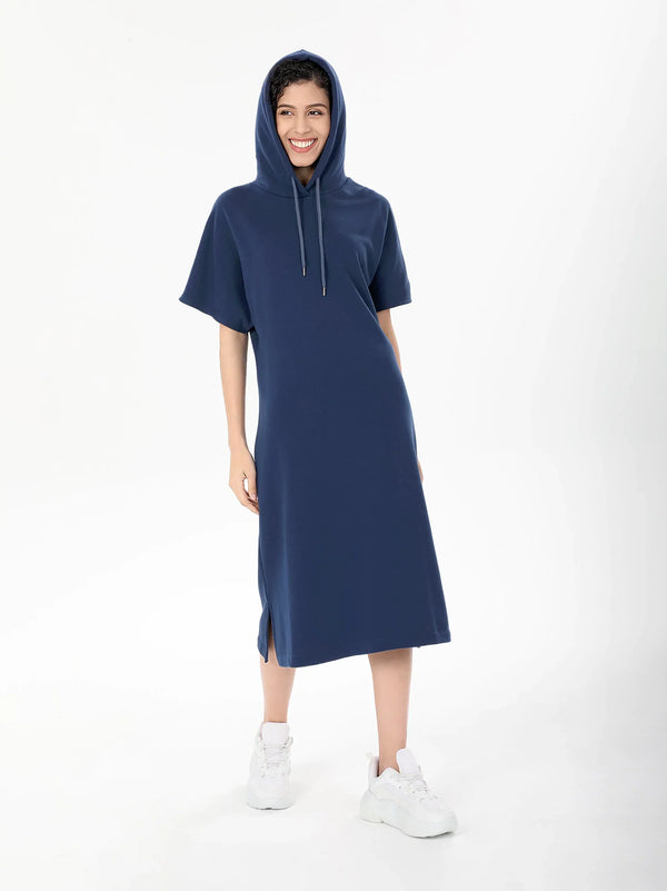 Blue Short Sleeve Midi Dress Hoodie