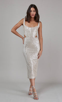 Champagne Sequin Cutout Midi Dress