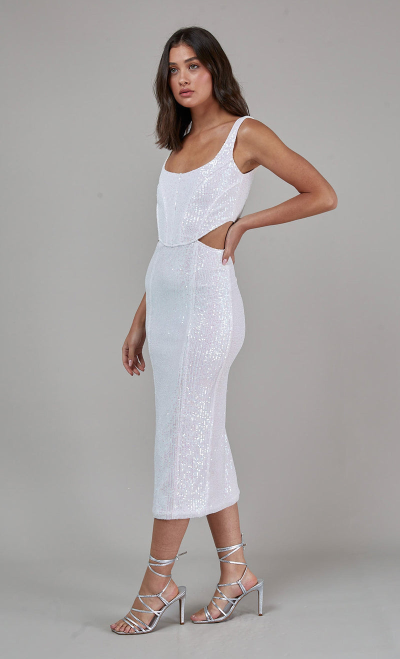 White Sequin Corset Cut Out Midi Dress